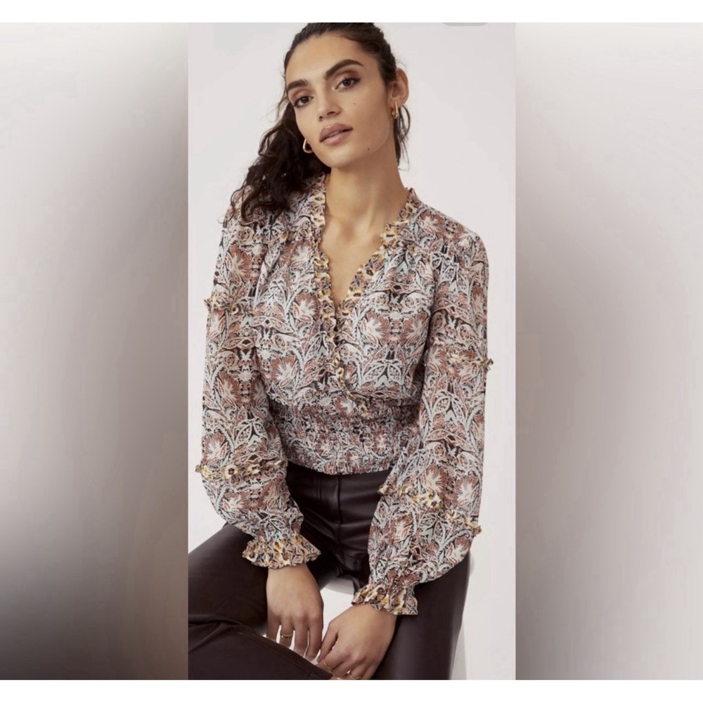 Anthropologie Floral Ruffle Top Petite Size M MP Smocked Boho Balloon Sleeve